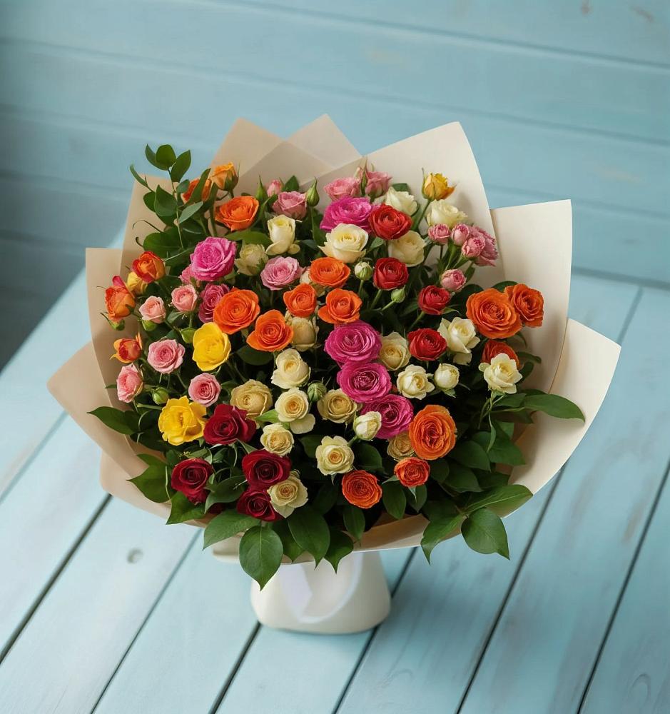 Букет Микс из разноцветных кустовых роз в Заокском