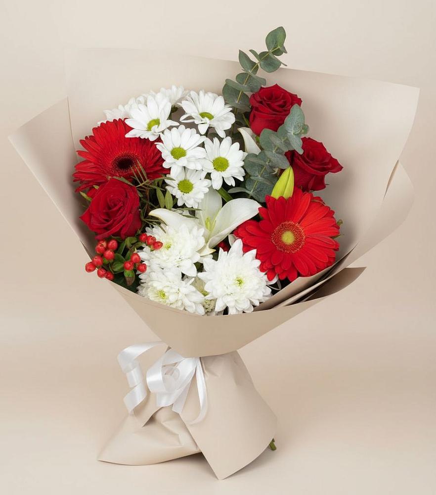 Букет цветов из: Розы, Хризантемы, Герберы и Лилии в Заокском
