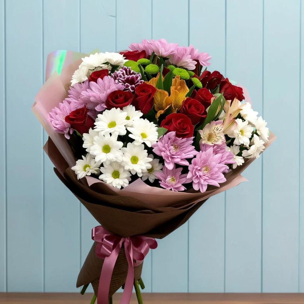 Букет цветов из: Розы, Хризантемы и Альстромерии в Заокском