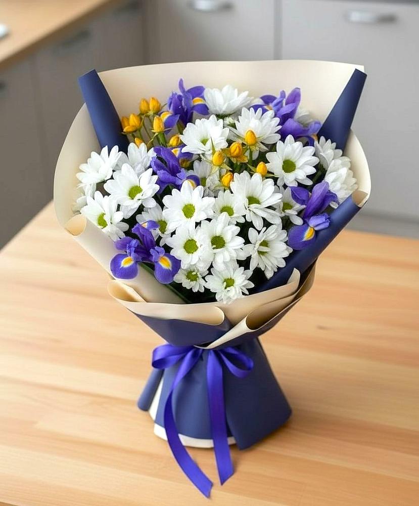 Букет цветов из: Розы, Ирисы и Хризантемы в Заокском