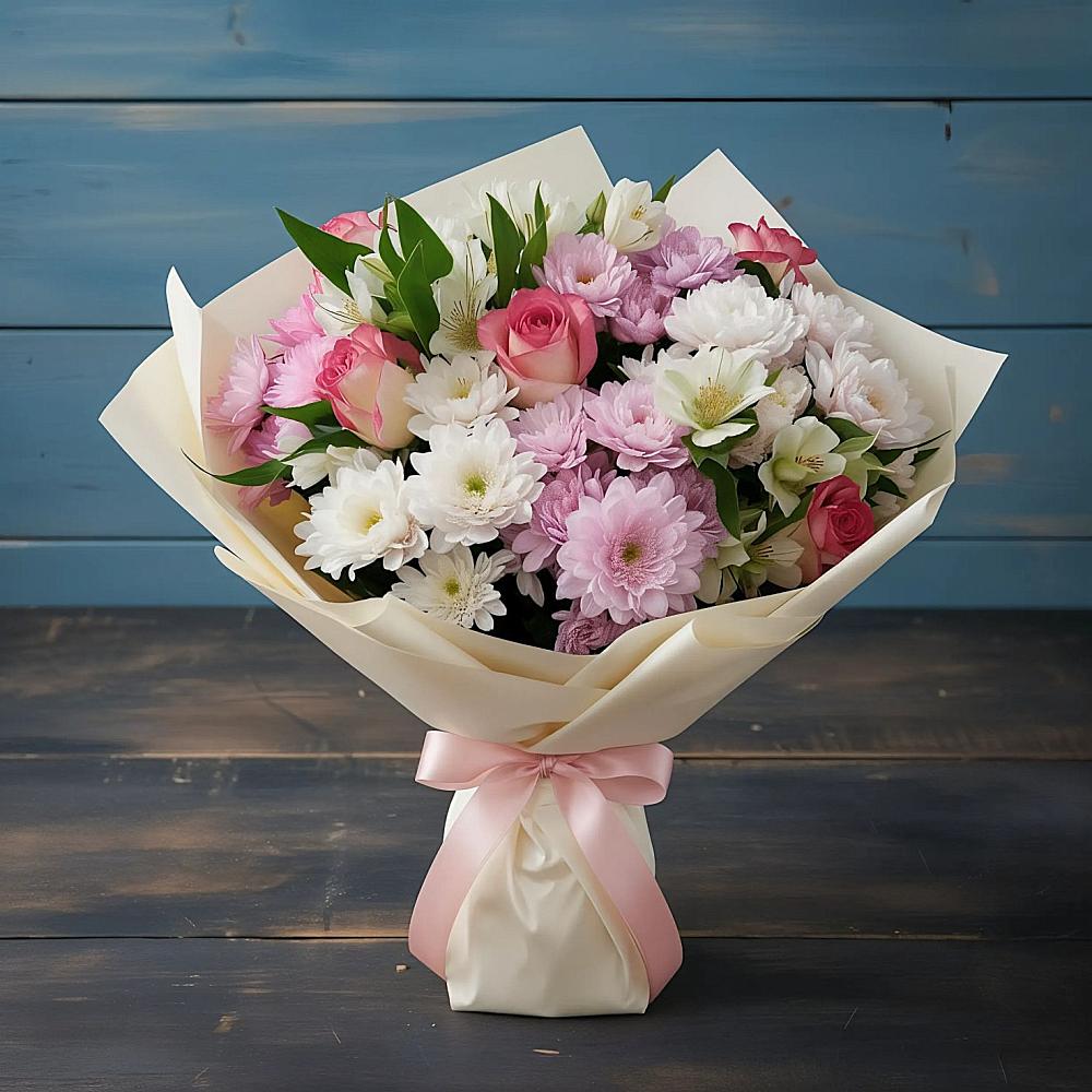 Букет цветов из: Хризантемы, Альстромерии и Розы в Заокском